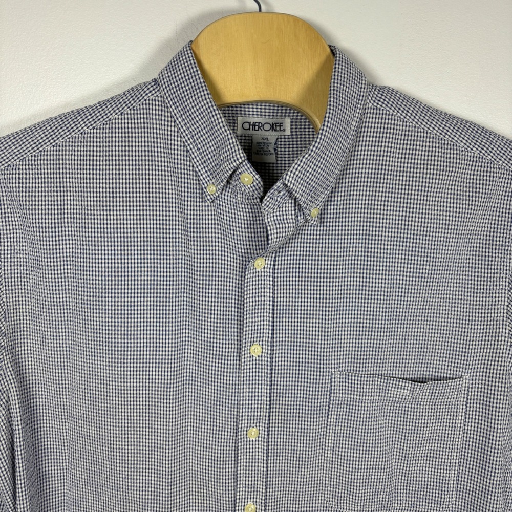 Cherokee Mens XXL Blue White Gingham Seersucker Short Sleeve Button Down Shirt